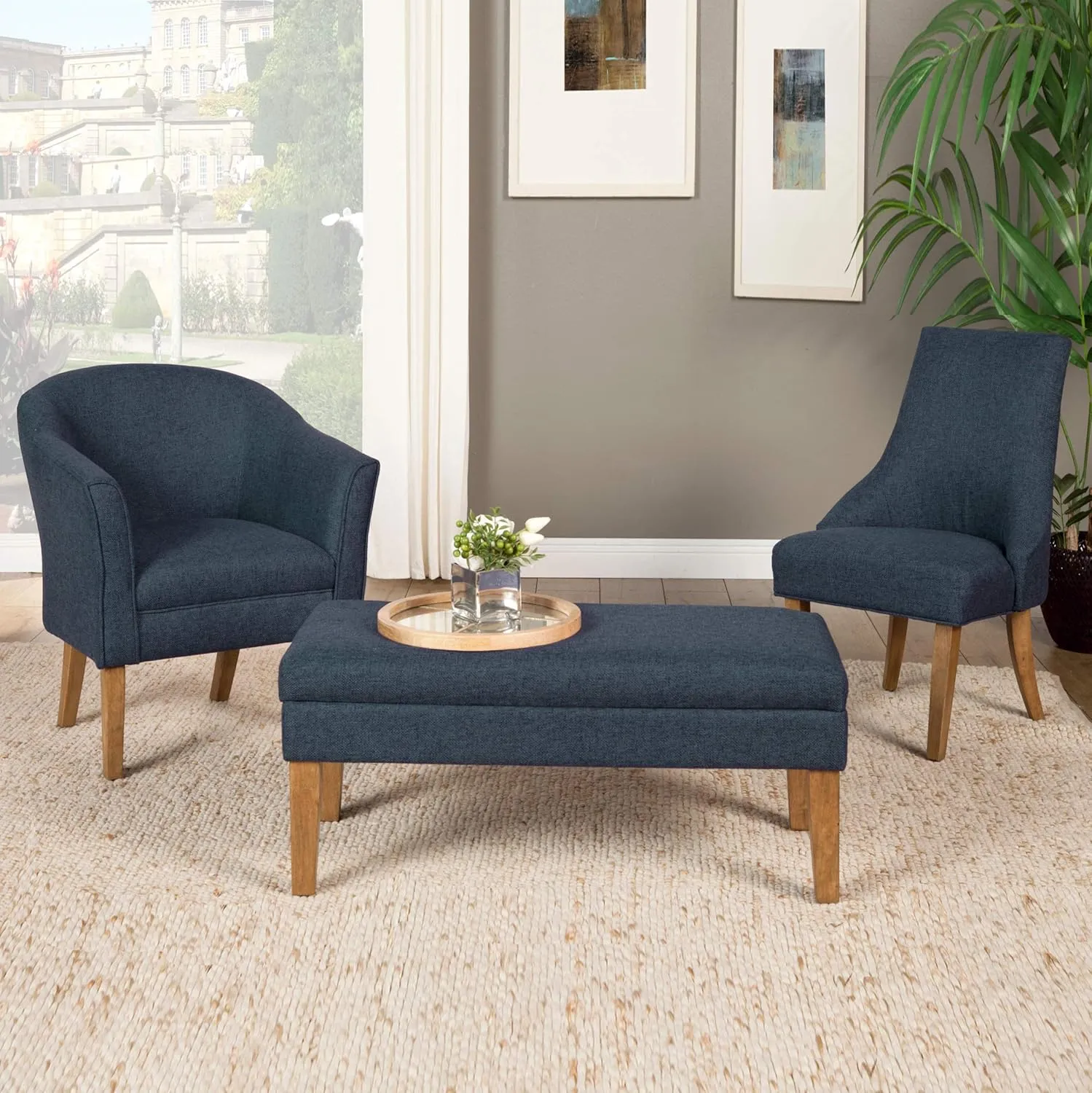 Homepop Home Decor | Upholstered Decorative Storage Ottoman Bench | Ottoman Bench with Storage for Living Room & Bedroom | Decorative Home Furniture, Navy Large