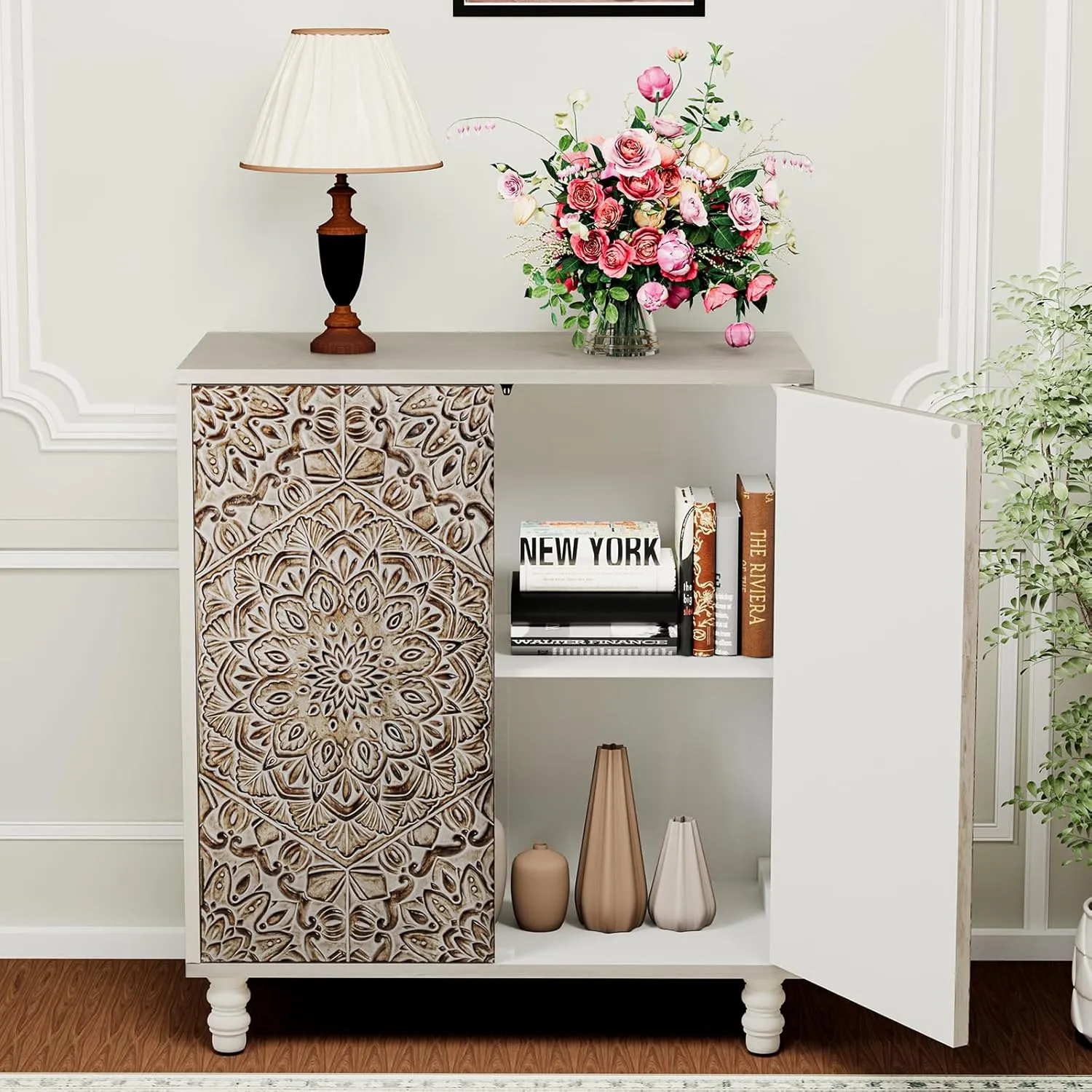 HOMPUS Storage Cabinet, Accent Cabinet with 2 Doors and Adjustable Shelves, Carved Pattern Doors Decorative Sideboard Buffet, Coffee Bar Farmhouse Buffet Sideboard for Living Room, Entryway, Kitchen