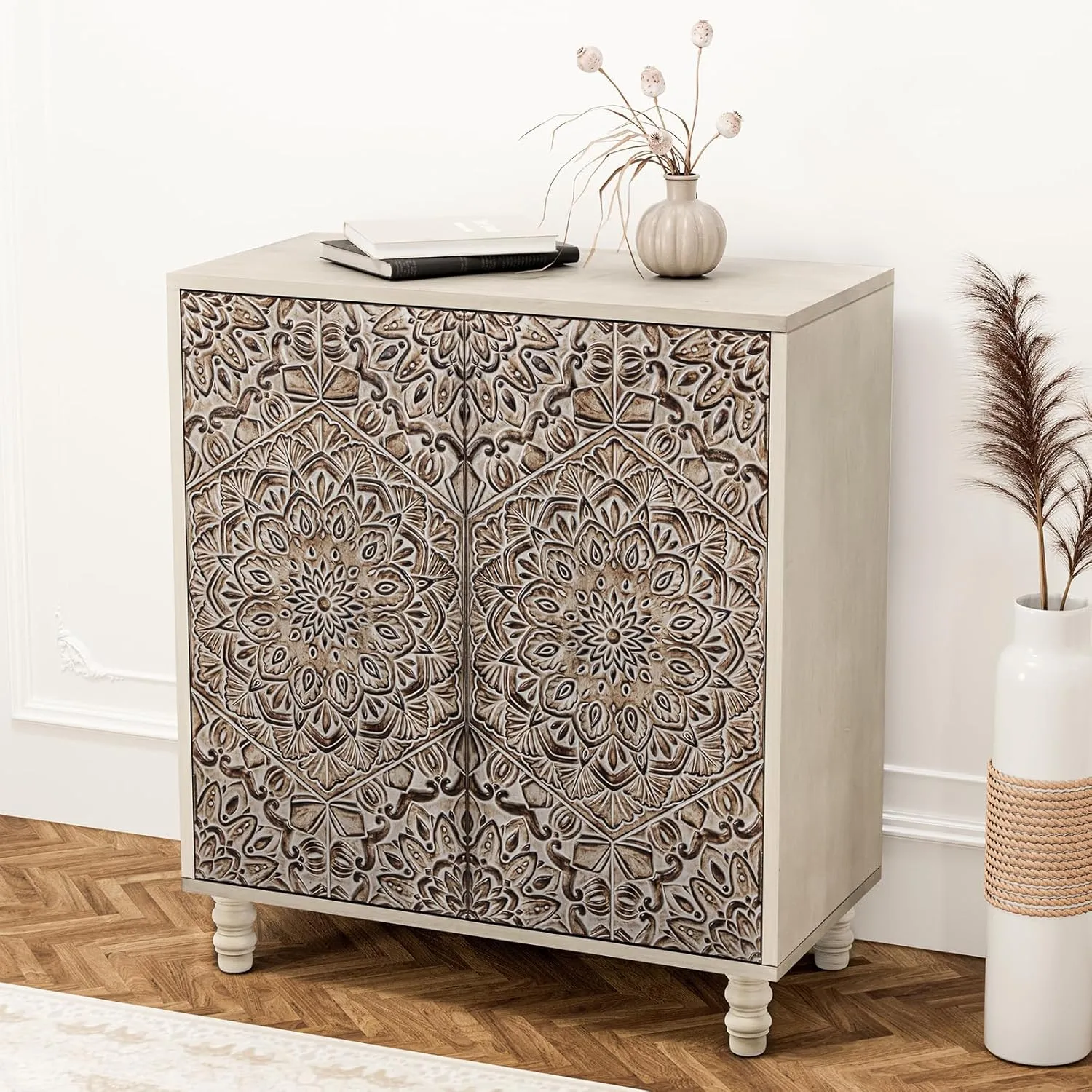 HOMPUS Storage Cabinet, Accent Cabinet with 2 Doors and Adjustable Shelves, Carved Pattern Doors Decorative Sideboard Buffet, Coffee Bar Farmhouse Buffet Sideboard for Living Room, Entryway, Kitchen