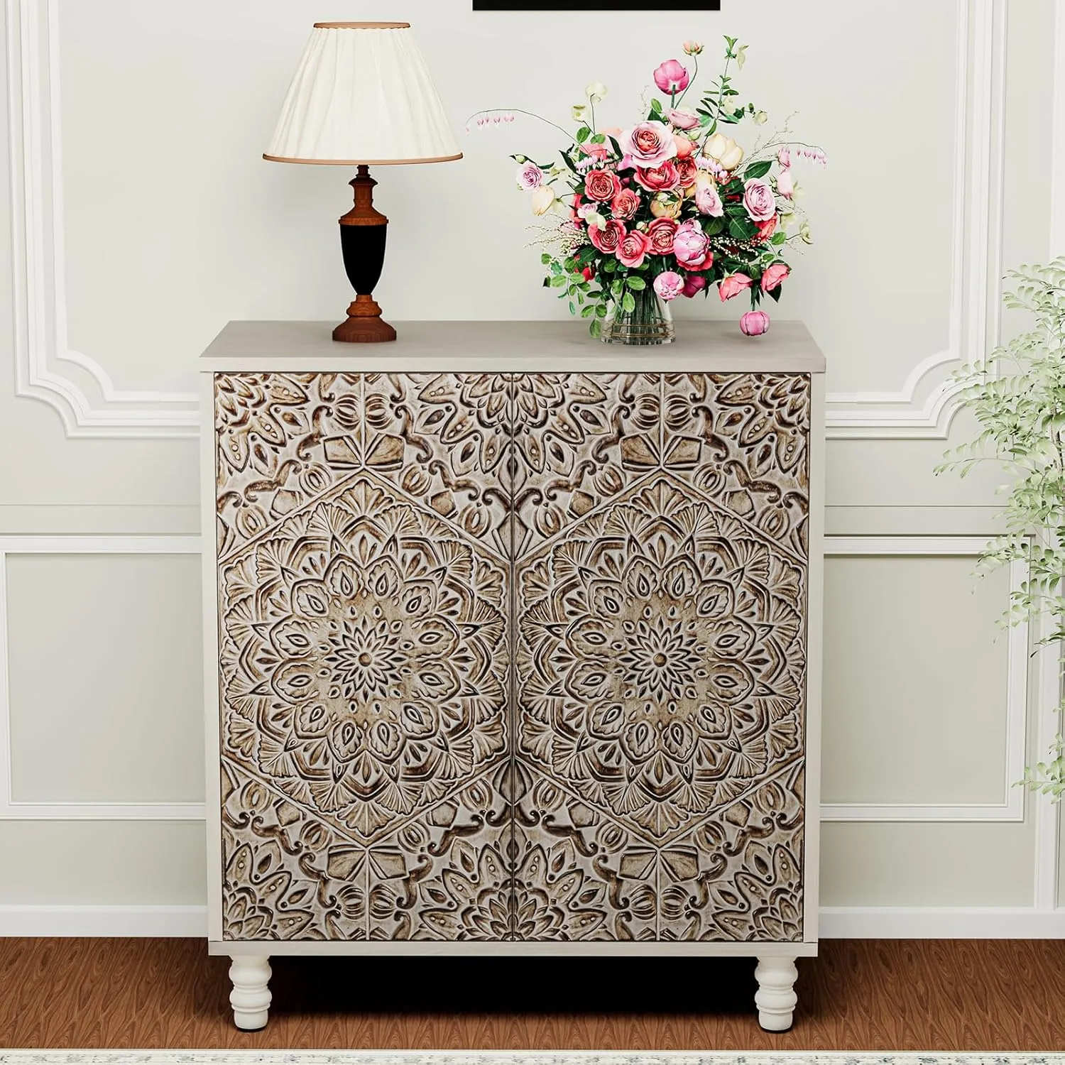 HOMPUS Storage Cabinet, Accent Cabinet with 2 Doors and Adjustable Shelves, Carved Pattern Doors Decorative Sideboard Buffet, Coffee Bar Farmhouse Buffet Sideboard for Living Room, Entryway, Kitchen