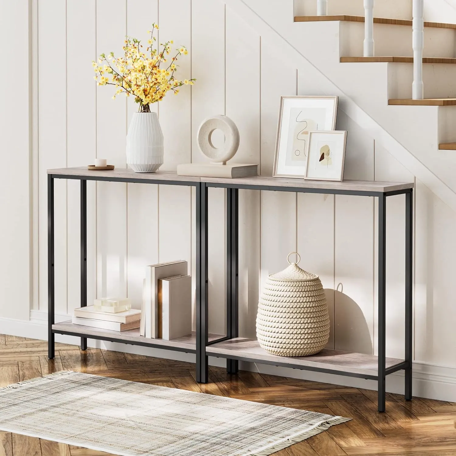 HOOBRO 29.5 Inches Console Table, Narrow Entryway Table with Shelves, Small Sofa Table,for Hallway, Living Room, Bedroom, Foyer, Greige and Black BG22XG01