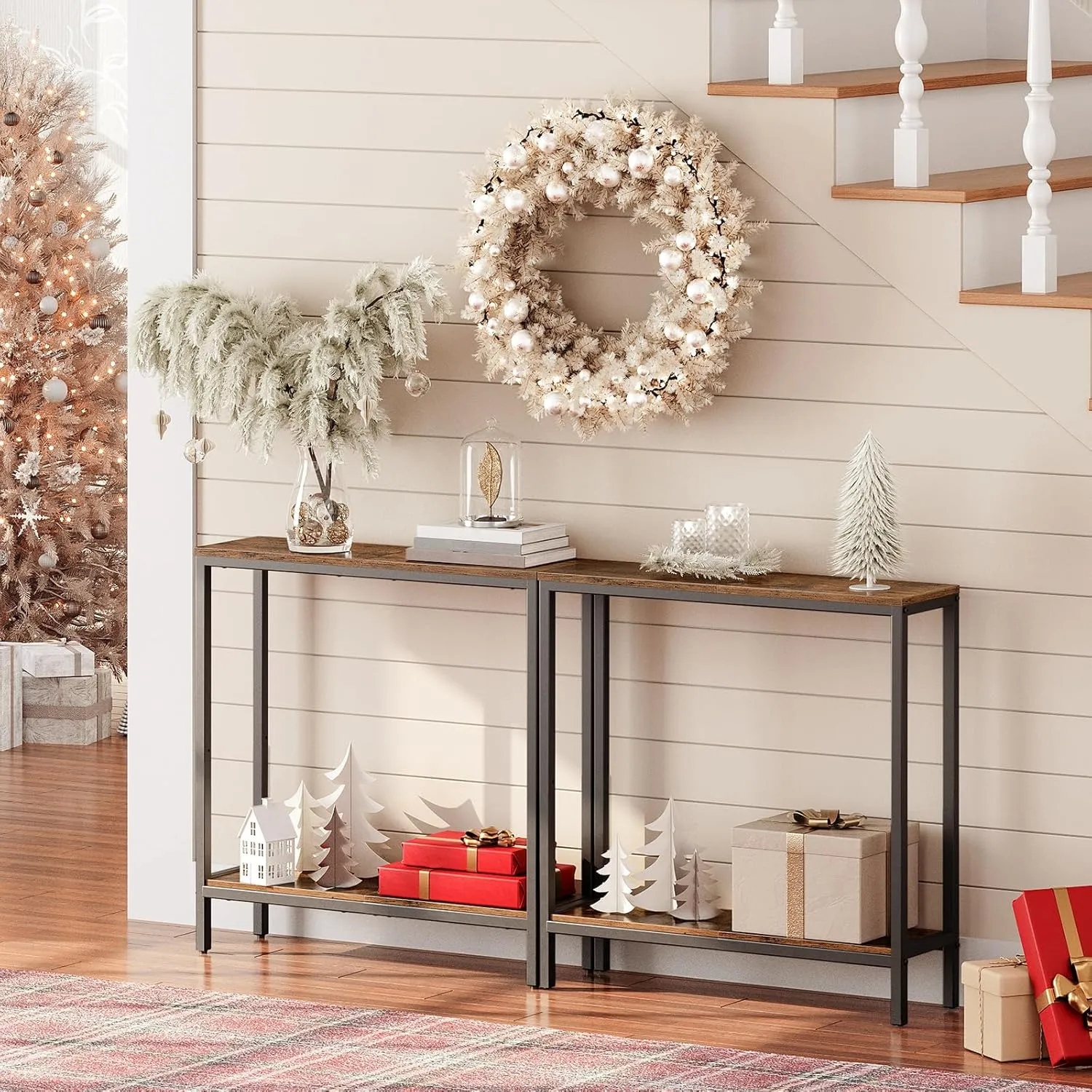 HOOBRO 29.5 Inches Narrow Console Table, Small Sofa Table with Shelves, Display Shelf, for Hallway, Bedroom, Foyer, Living Room, Rustic Brown and Black BF22XG01