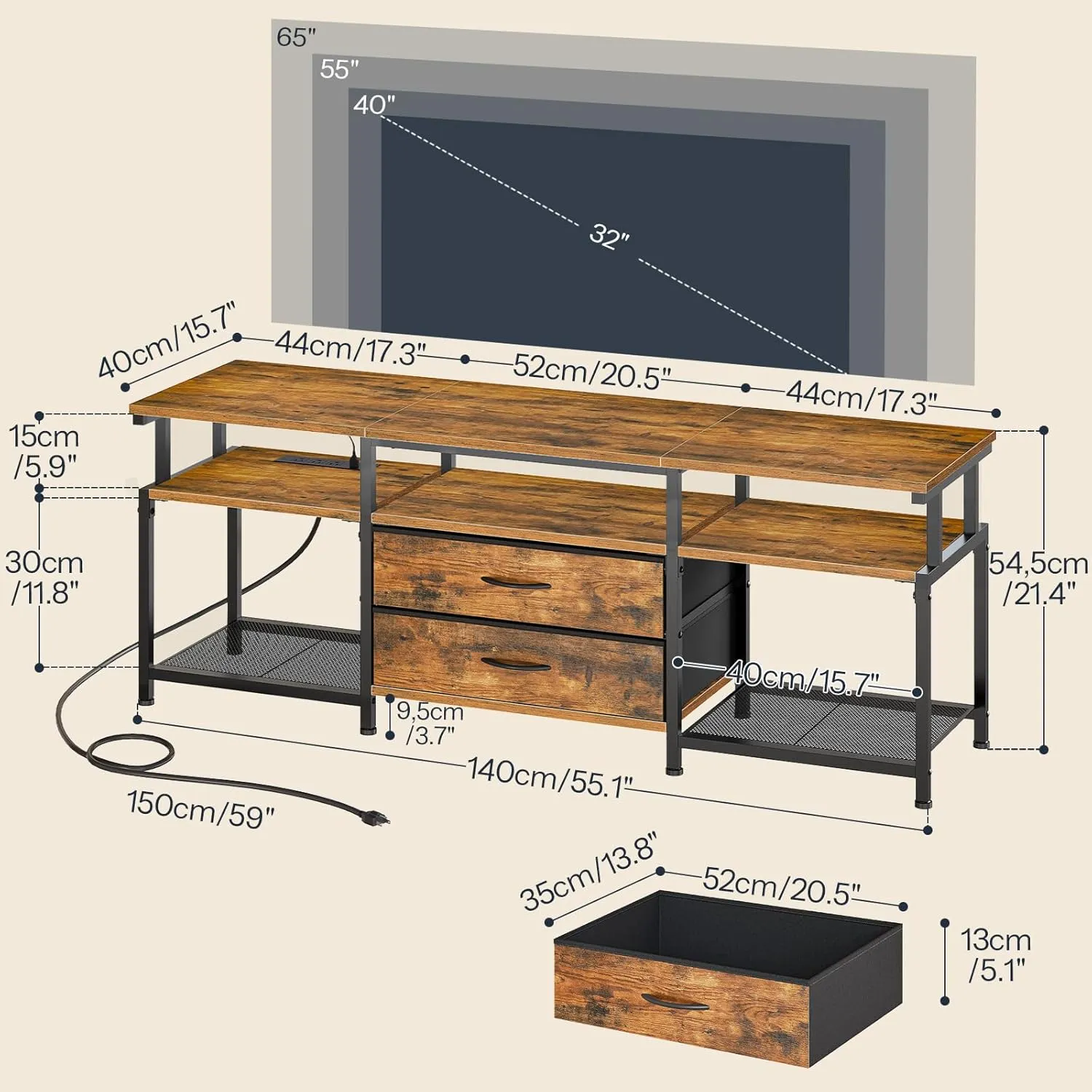 HOOBRO TV Stand with Power Outlet and LED Light, Entertainment Center for TVs Up to 65 Inch, Modern Media Console Table with 2 Non-Woven Drawers, for Living Room, Bedroom, Rustic Brown BF54UDDS01
