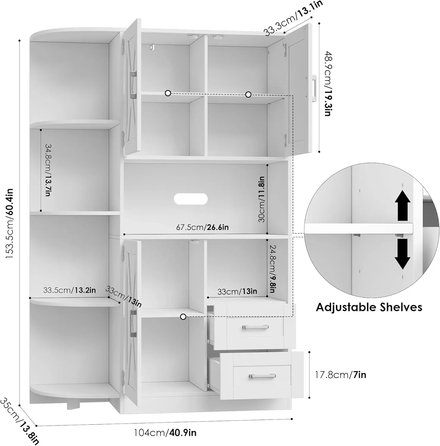 HOSTACK 60.4" Farmhouse Kitchen Pantry Storage Cabinet, Freestanding Hutch with Doors & Shelves, Buffet Sideboard with Microwave Stand, Coffee Bar with Drawers, Cupboard for Dining Room, White