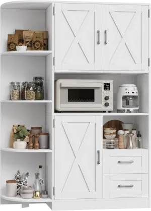 HOSTACK 60.4" Farmhouse Kitchen Pantry Storage Cabinet, Freestanding Hutch with Doors & Shelves, Buffet Sideboard with Microwave Stand, Coffee Bar with Drawers, Cupboard for Dining Room, White