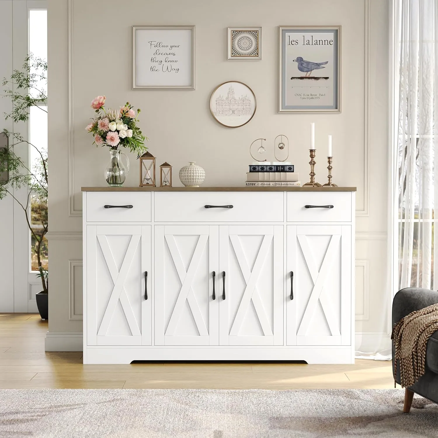 HOSTACK Buffet Cabinet with Drawers, 55" Large Sideboard Buffet Storage Cabinet with Shelves and Doors, Modern Farmhouse Coffee Bar Station Wood Kitchen Table for Kitchen, Dining Room, White/Rustic
