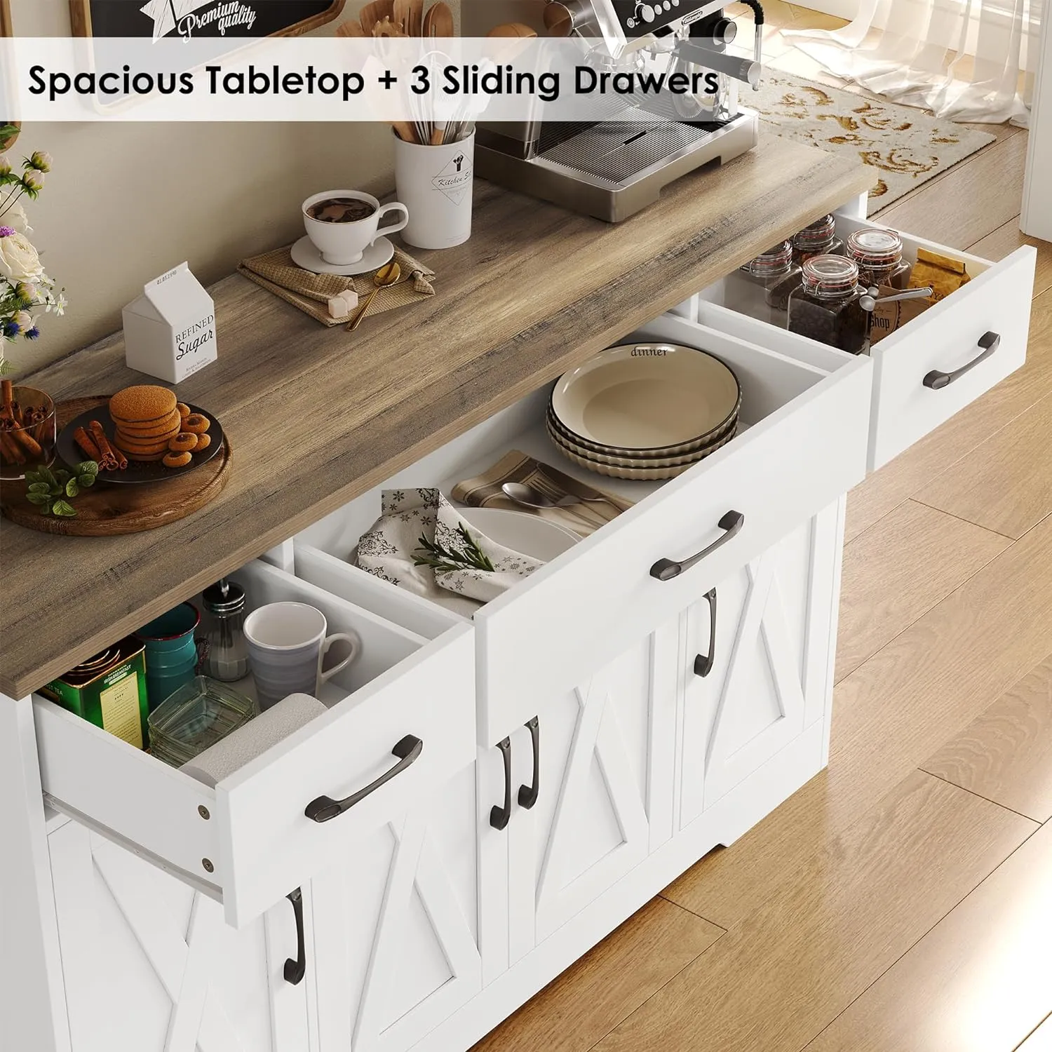 HOSTACK Buffet Cabinet with Drawers, 55" Large Sideboard Buffet Storage Cabinet with Shelves and Doors, Modern Farmhouse Coffee Bar Station Wood Kitchen Table for Kitchen, Dining Room, White/Rustic