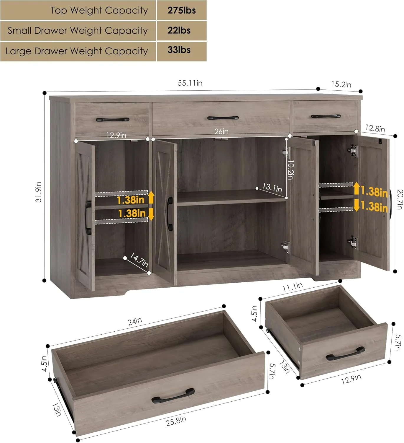 HOSTACK Buffet Sideboard Cabinet with Drawers, 55" Large Buffet Storage Cabinet with Shelves and Doors, Modern Farmhouse Coffee Bar Station for Kitchen, Dining Room, Ash Grey
