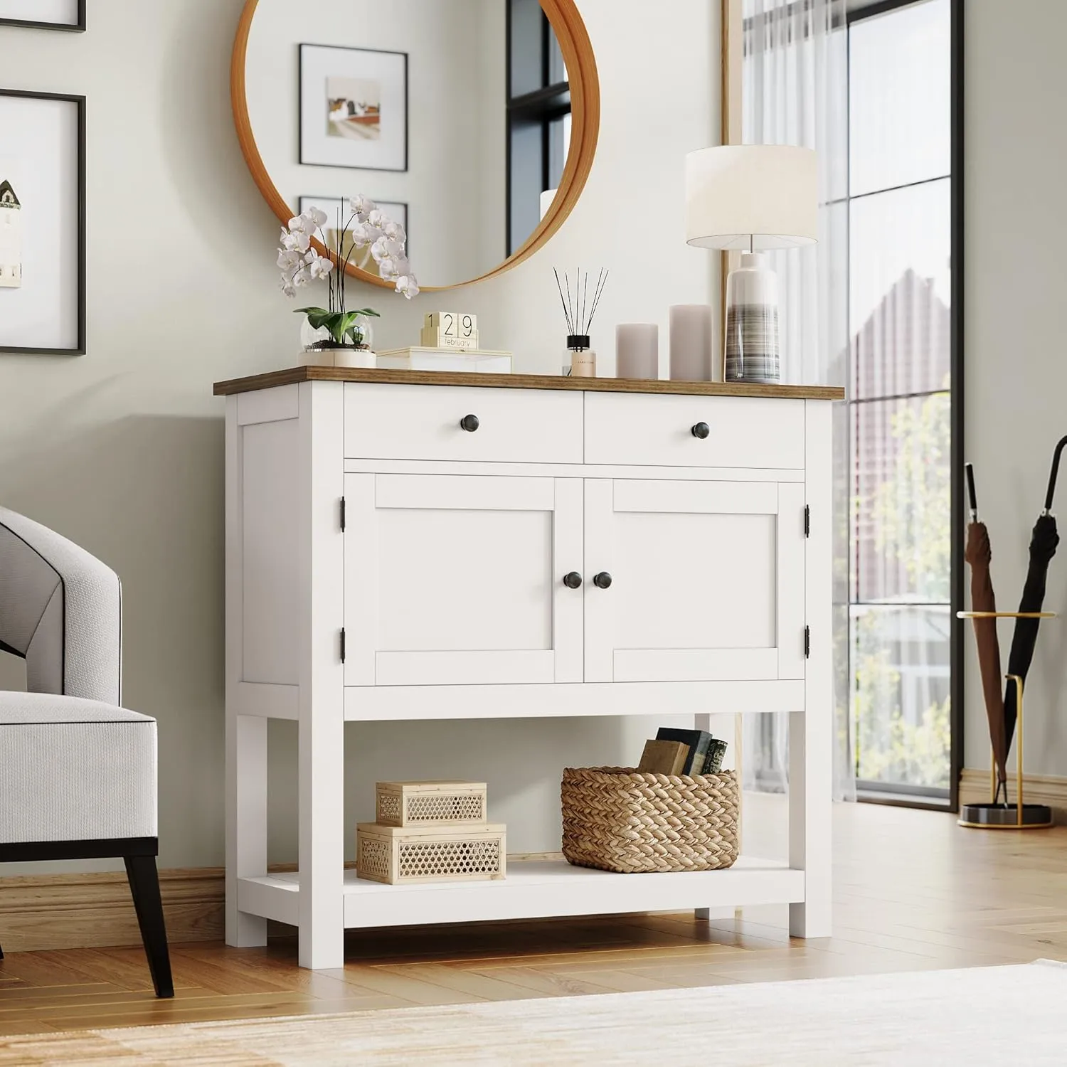 HOSTACK Farmhouse Console Table with 2-Door Cabinet & 2 Drawers, Coffee Bar, Entryway Table with Storage Shelf, Sofa Tables Buffet Sideboard for Kitchen, Hallway, Dining, Living Room, White