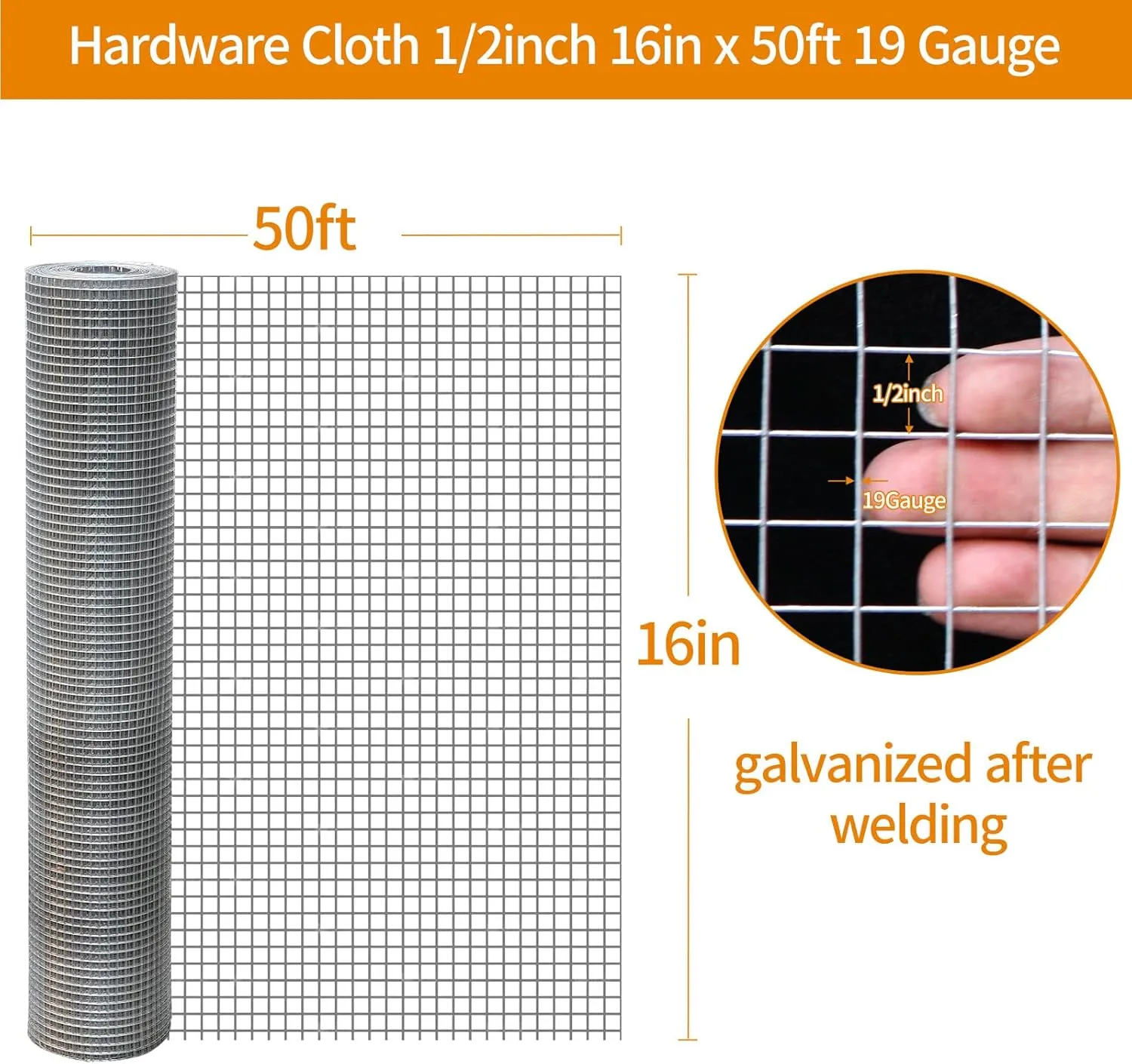 Hot-Dip Galvanized Welded Hardware Cloth,1/2inch 19Ga 16"x50' Chicken Wire Fencing, Raised Garden Bed Supports Wire Mesh Roll, Galvanized Wire Mesh Fence Prevent Snakes, Raccoons, Foxes