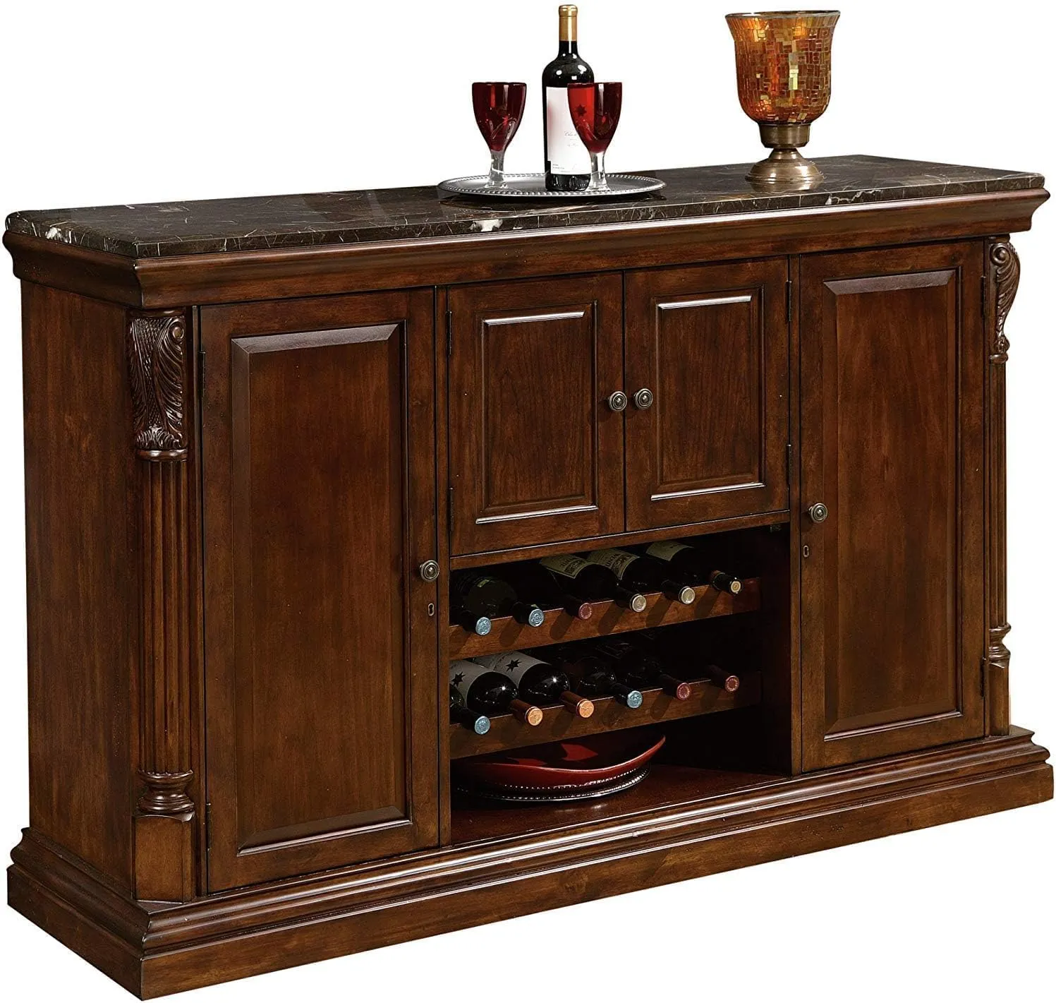 Howard Miller Niagara Wine & Bar Console II - Wood Finish Home Liquor Storage Cabinets for Living Room and Home Decor with Stemware Rack, Removable Catch Basket & Laminated Italian Marble