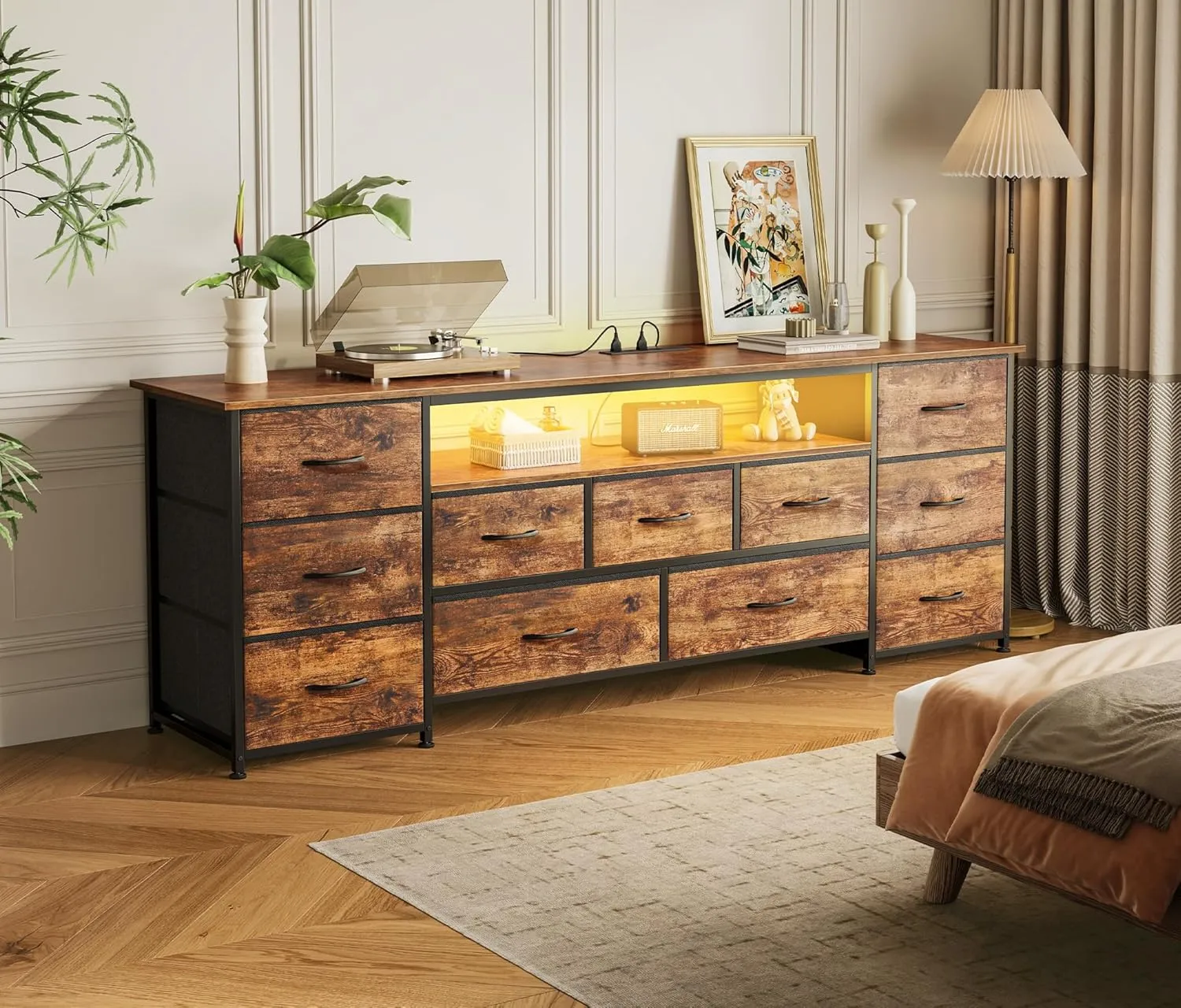 Huuger 63 Inch TV Stand for 65, 70 Inch TV, 11 Drawer Long Dresser with Power Outlets and LED Lights, Entertainment Center with Storage, Rustic Brown Dresser with PU Leather Surface