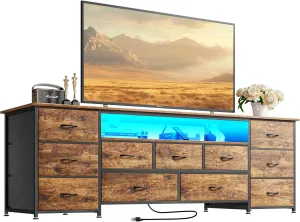 Huuger 63 Inch TV Stand for 65, 70 Inch TV, 11 Drawer Long Dresser with Power Outlets and LED Lights, Entertainment Center with Storage, Rustic Brown Dresser with PU Leather Surface