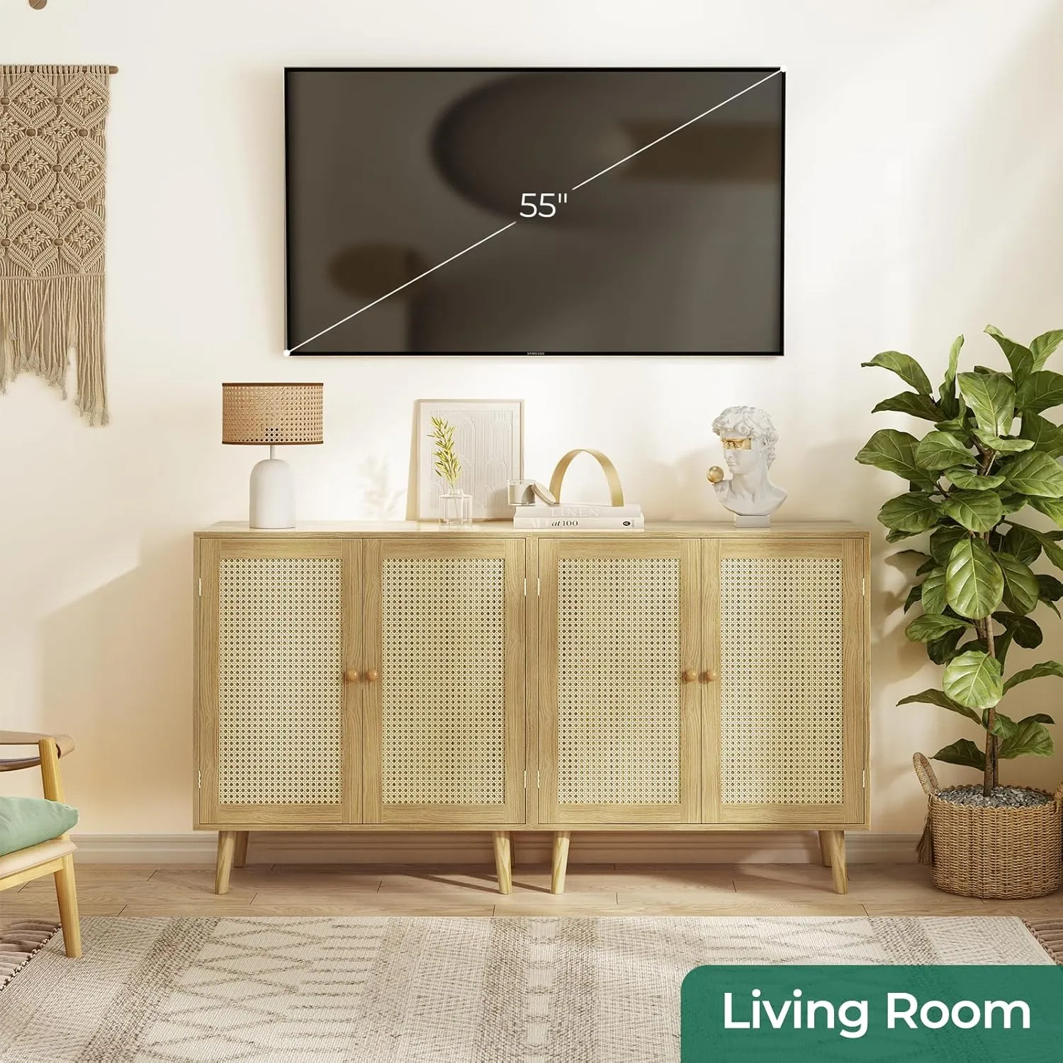 Huuger Buffet Cabinet with Storage, Storage Cabinet with PE Rattan Decor Doors, Accent Sideboard Buffet with Solid Wood Feet, for Hallway, Entry, Living Room, Natural