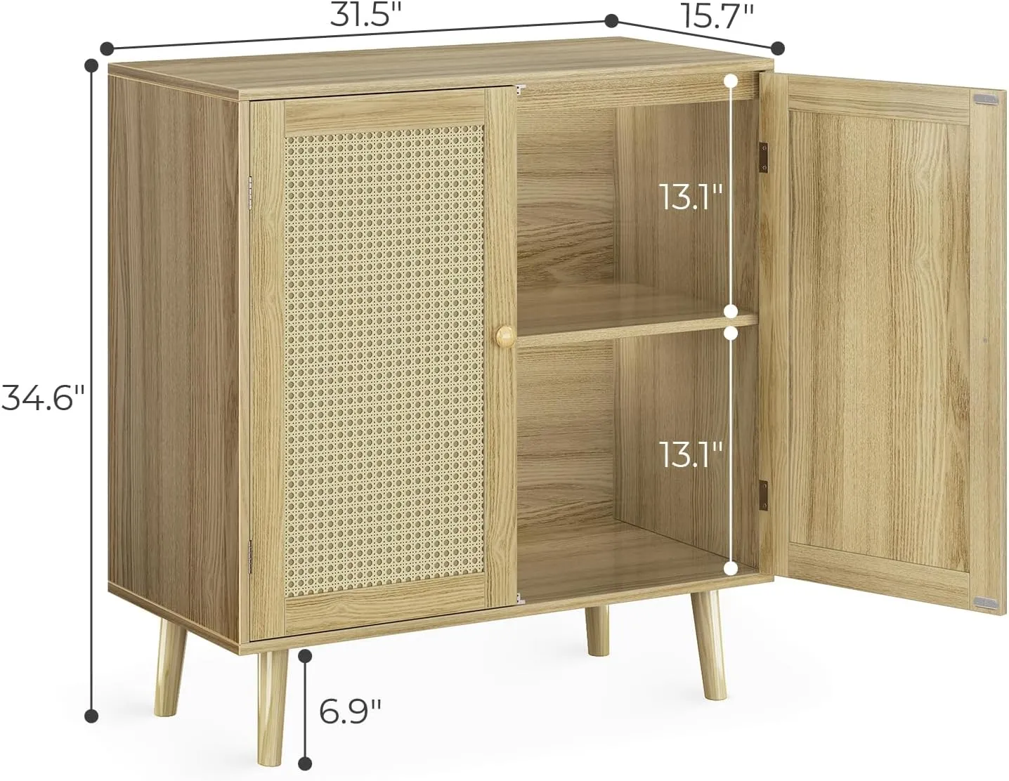 Huuger Buffet Cabinet with Storage, Storage Cabinet with PE Rattan Decor Doors, Accent Sideboard Buffet with Solid Wood Feet, for Hallway, Entry, Living Room, Natural