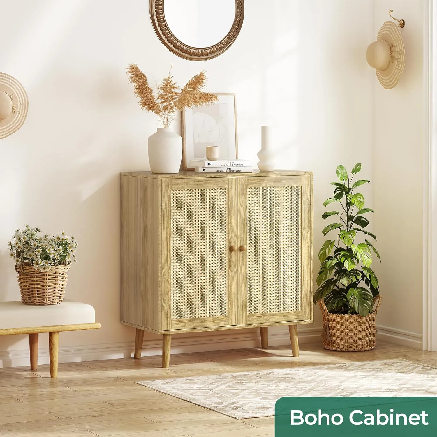 Huuger Buffet Cabinet with Storage, Storage Cabinet with PE Rattan Decor Doors, Accent Sideboard Buffet with Solid Wood Feet, for Hallway, Entry, Living Room, Natural