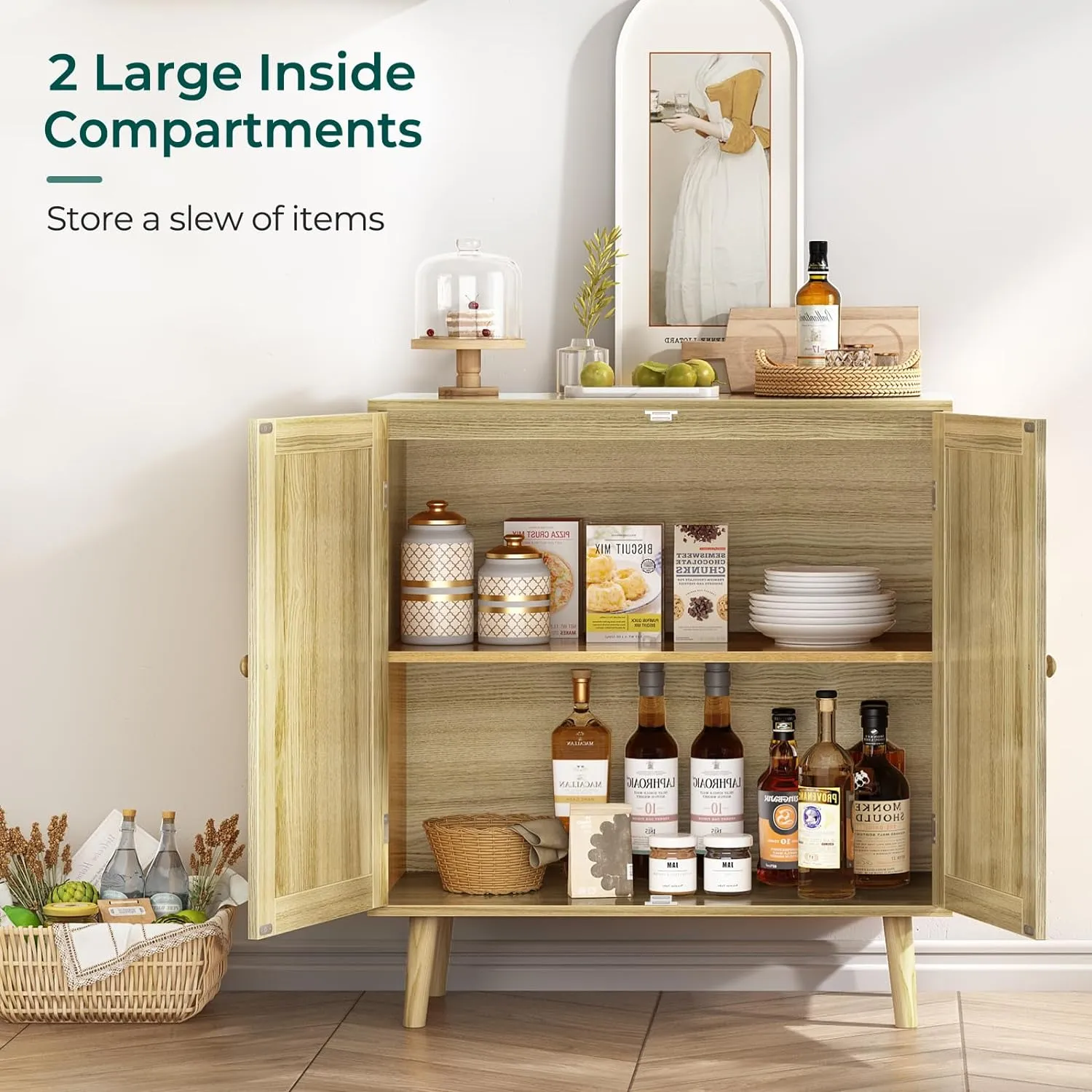 Huuger Buffet Cabinet with Storage, Storage Cabinet with PE Rattan Decor Doors, Accent Sideboard Buffet with Solid Wood Feet, for Hallway, Entry, Living Room, Natural