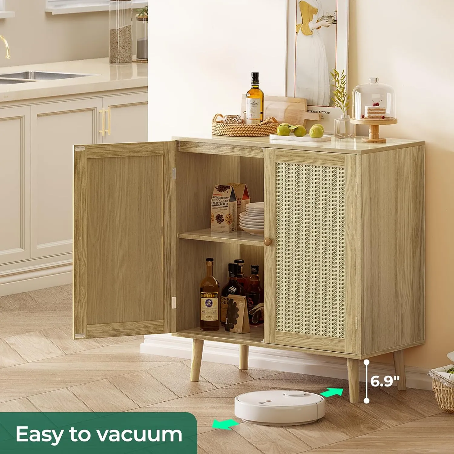 Huuger Buffet Cabinet with Storage, Storage Cabinet with PE Rattan Decor Doors, Accent Sideboard Buffet with Solid Wood Feet, for Hallway, Entry, Living Room, Natural