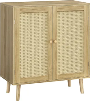 Huuger Buffet Cabinet with Storage, Storage Cabinet with PE Rattan Decor Doors, Accent Sideboard Buffet with Solid Wood Feet, for Hallway, Entry, Living Room, Natural