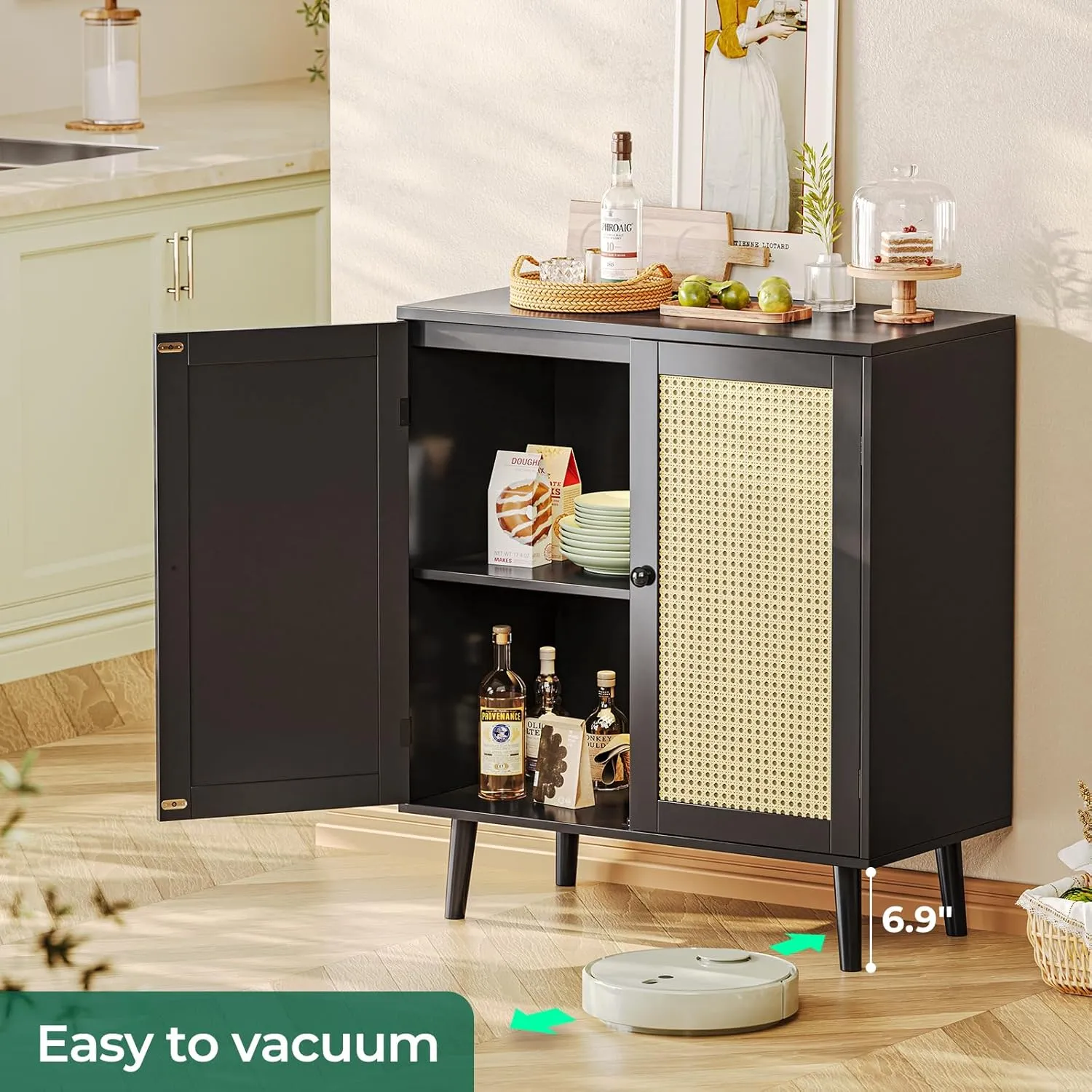 Huuger Buffet Cabinet with Storage, Storage Cabinet with Synthetic Rattan Decor Doors, Solid Wood Feet, for Hallway, Entry, Living Room, Black