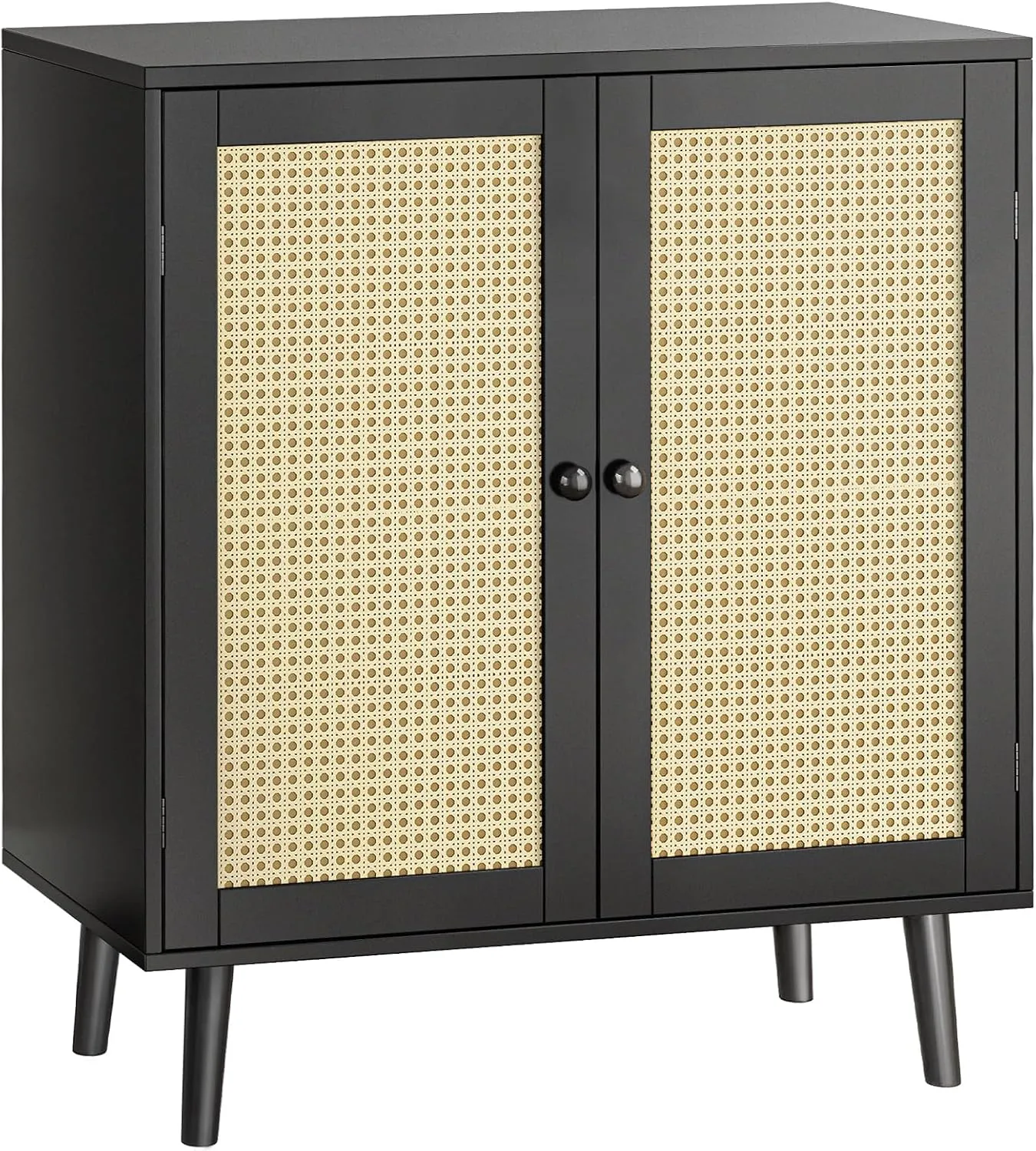 Huuger Buffet Cabinet with Storage, Storage Cabinet with Synthetic Rattan Decor Doors, Solid Wood Feet, for Hallway, Entry, Living Room, Black