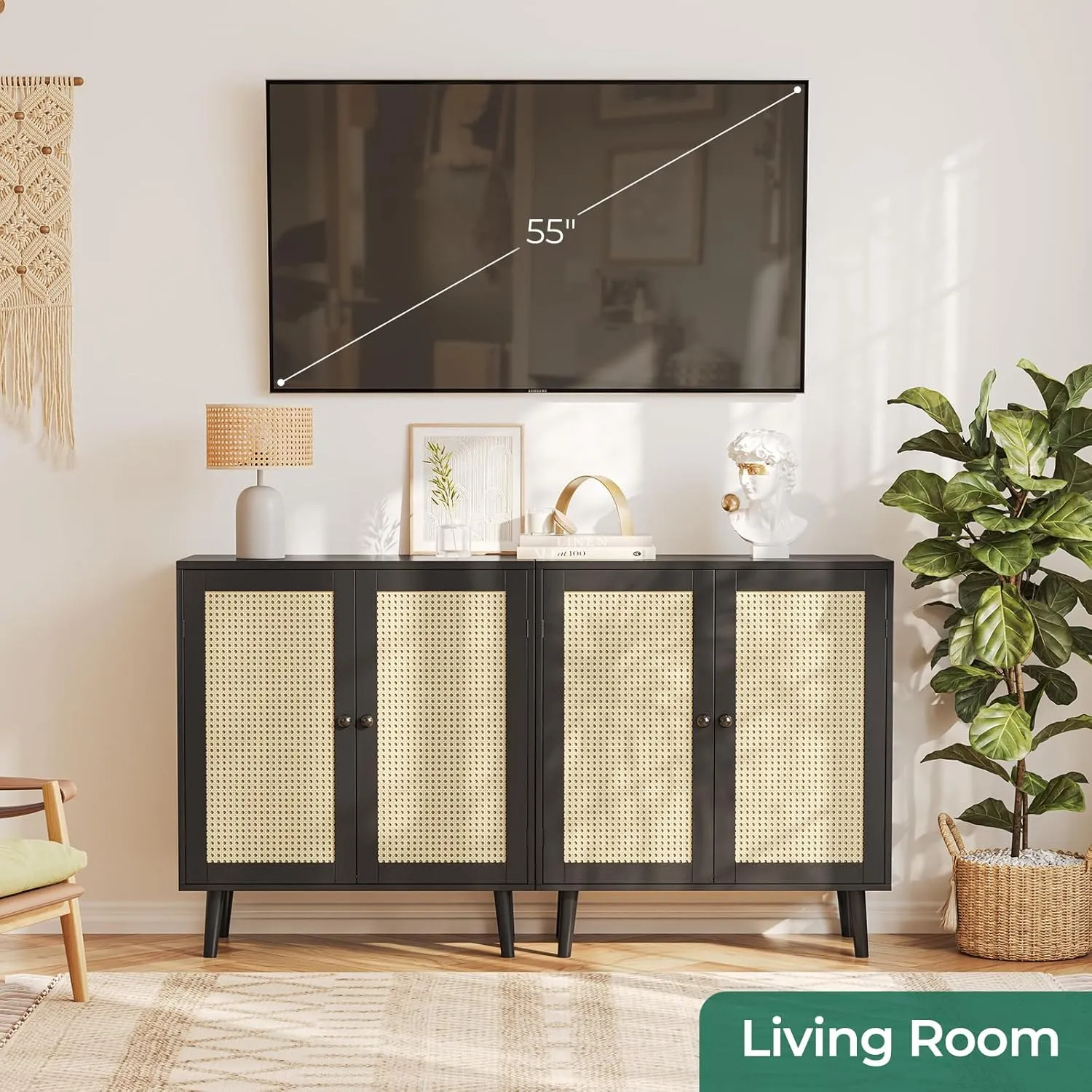 Huuger Buffet Cabinet with Storage, Storage Cabinet with Synthetic Rattan Decor Doors, Solid Wood Feet, for Hallway, Entry, Living Room, Black