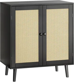 Huuger Buffet Cabinet with Storage, Storage Cabinet with Synthetic Rattan Decor Doors, Solid Wood Feet, for Hallway, Entry, Living Room, Black