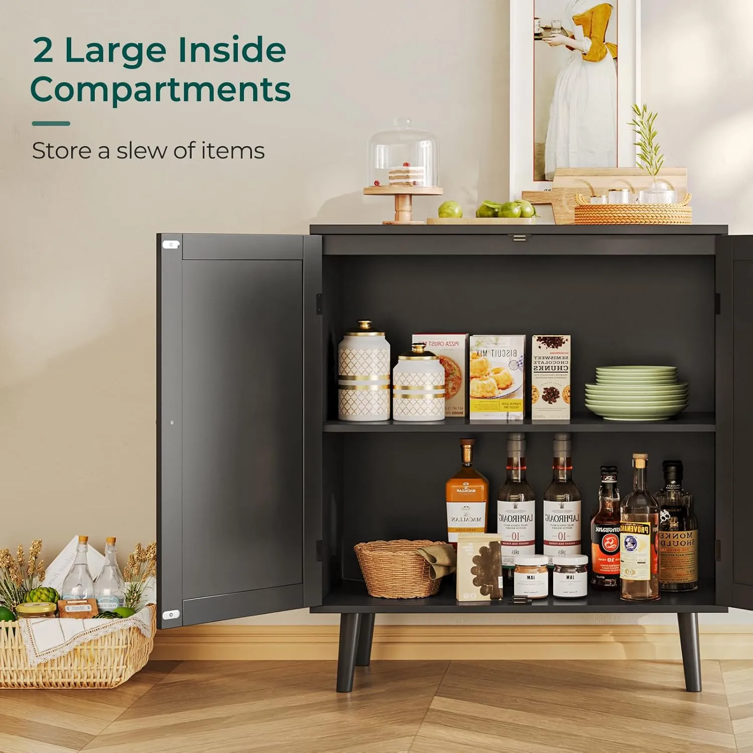 Huuger Buffet Cabinet with Storage, Storage Cabinet with Synthetic Rattan Decor Doors, Solid Wood Feet, for Hallway, Entry, Living Room, Black