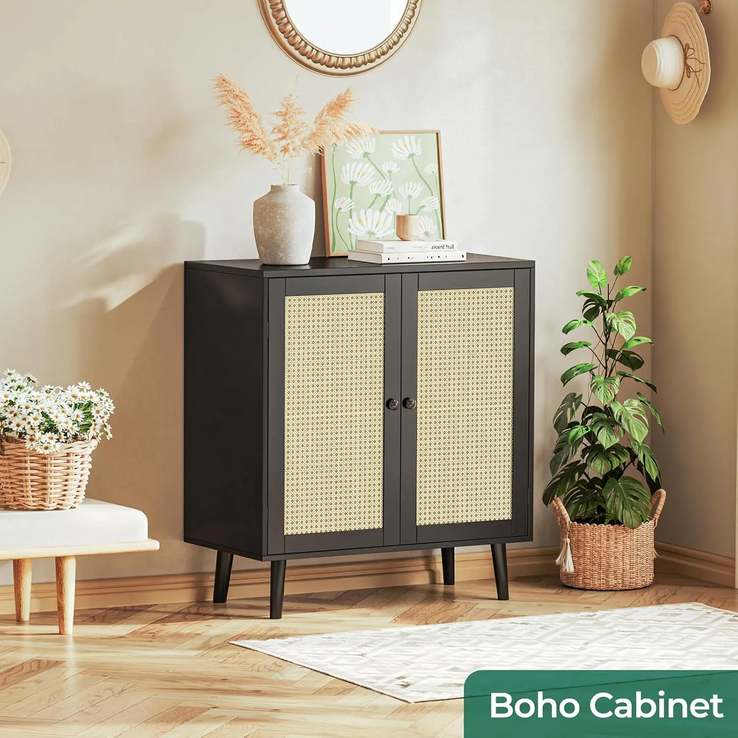 Huuger Buffet Cabinet with Storage, Storage Cabinet with Synthetic Rattan Decor Doors, Solid Wood Feet, for Hallway, Entry, Living Room, Black