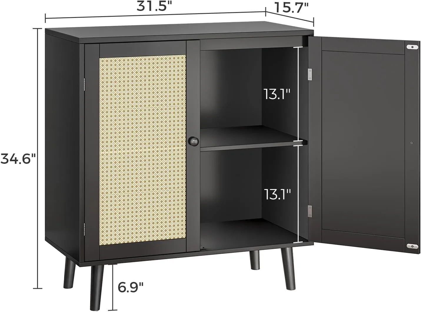 Huuger Buffet Cabinet with Storage, Storage Cabinet with Synthetic Rattan Decor Doors, Solid Wood Feet, for Hallway, Entry, Living Room, Black
