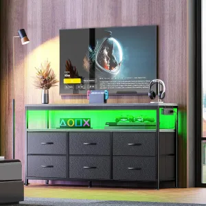 Huuger LED TV Stand for Bedroom, 47 Inch Fabric Dresser with Power Outlets, Entertainment Center for 55, 50, 43 Inch TV, 6 Drawer Dresser for Bedroom, Chest of Drawers with Shelf, PU Leather, Grey