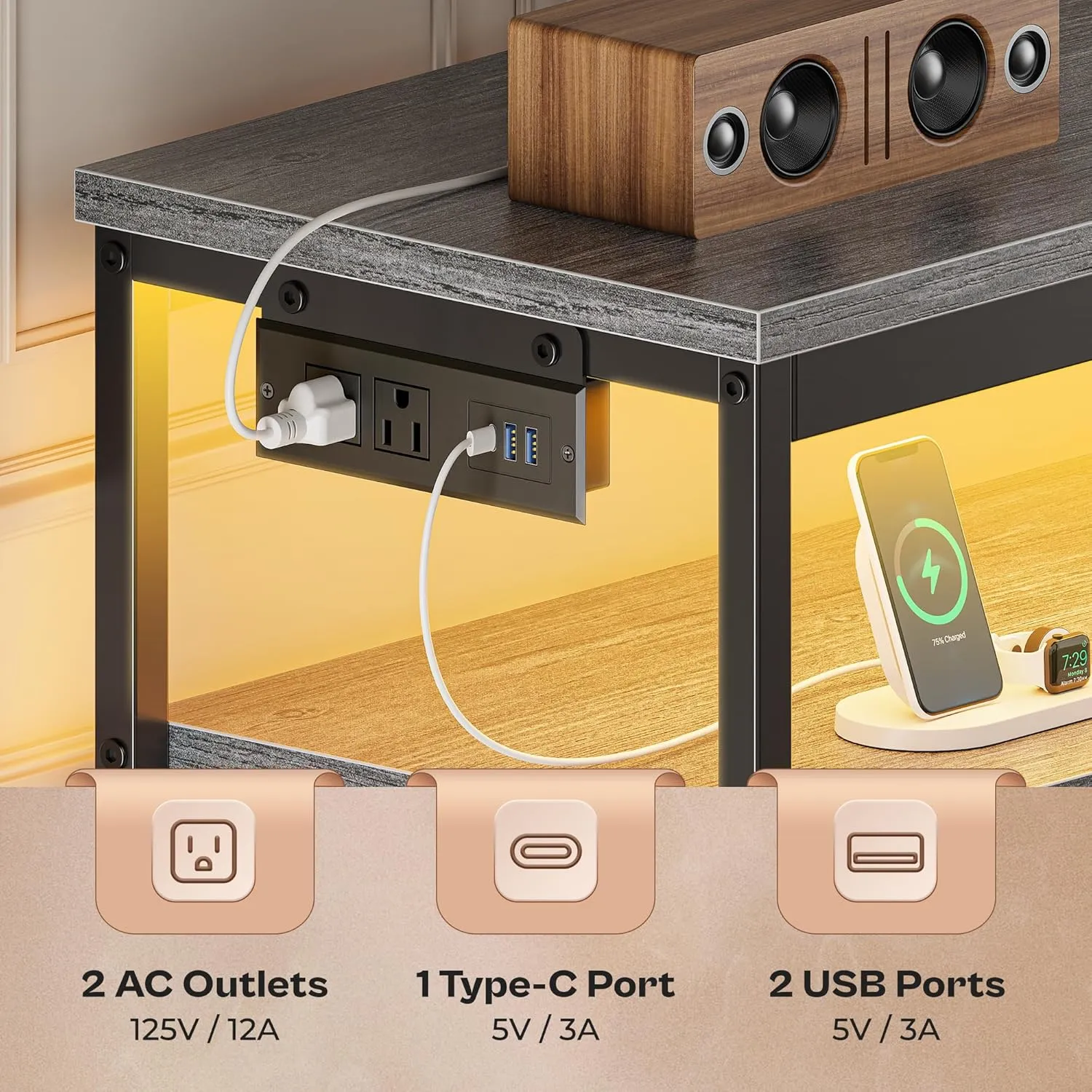 Huuger LED TV Stand for Bedroom, 47 Inch Fabric Dresser with Power Outlets, Entertainment Center for 55, 50, 43 Inch TV, 6 Drawer Dresser for Bedroom, Chest of Drawers with Shelf, PU Leather, Grey