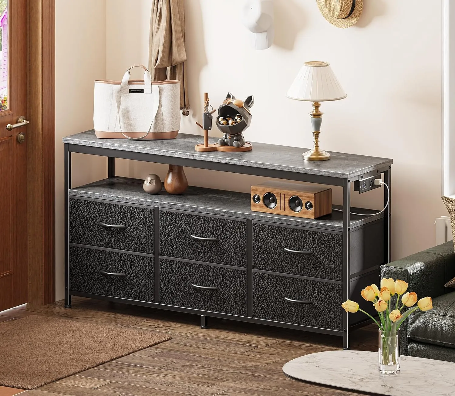 Huuger LED TV Stand for Bedroom, 47 Inch Fabric Dresser with Power Outlets, Entertainment Center for 55, 50, 43 Inch TV, 6 Drawer Dresser for Bedroom, Chest of Drawers with Shelf, PU Leather, Grey