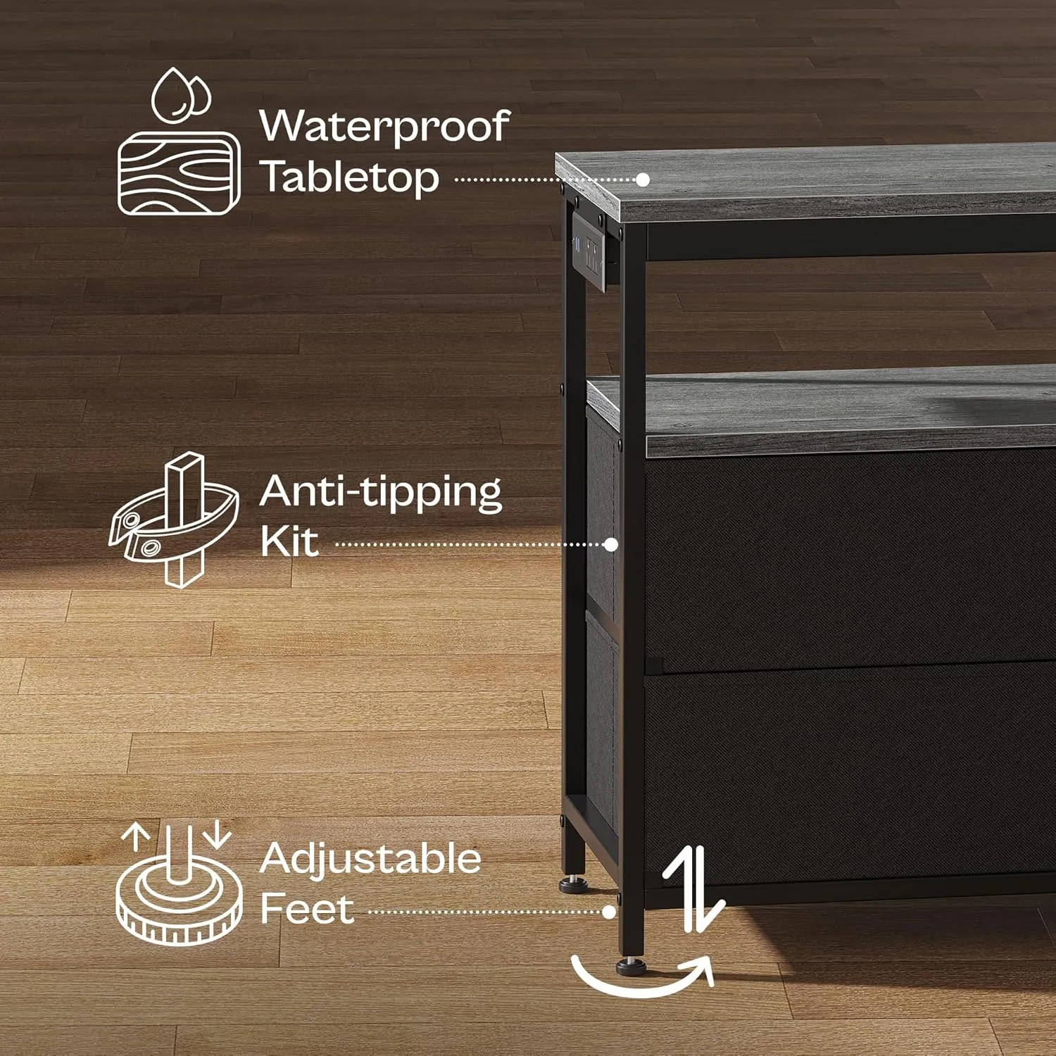 Huuger LED TV Stand for Bedroom, 47 Inch Fabric Dresser with Power Outlets, Entertainment Center for 55, 50, 43 Inch TV, 6 Drawer Dresser for Bedroom, Chest of Drawers with Shelf, PU Leather, Grey