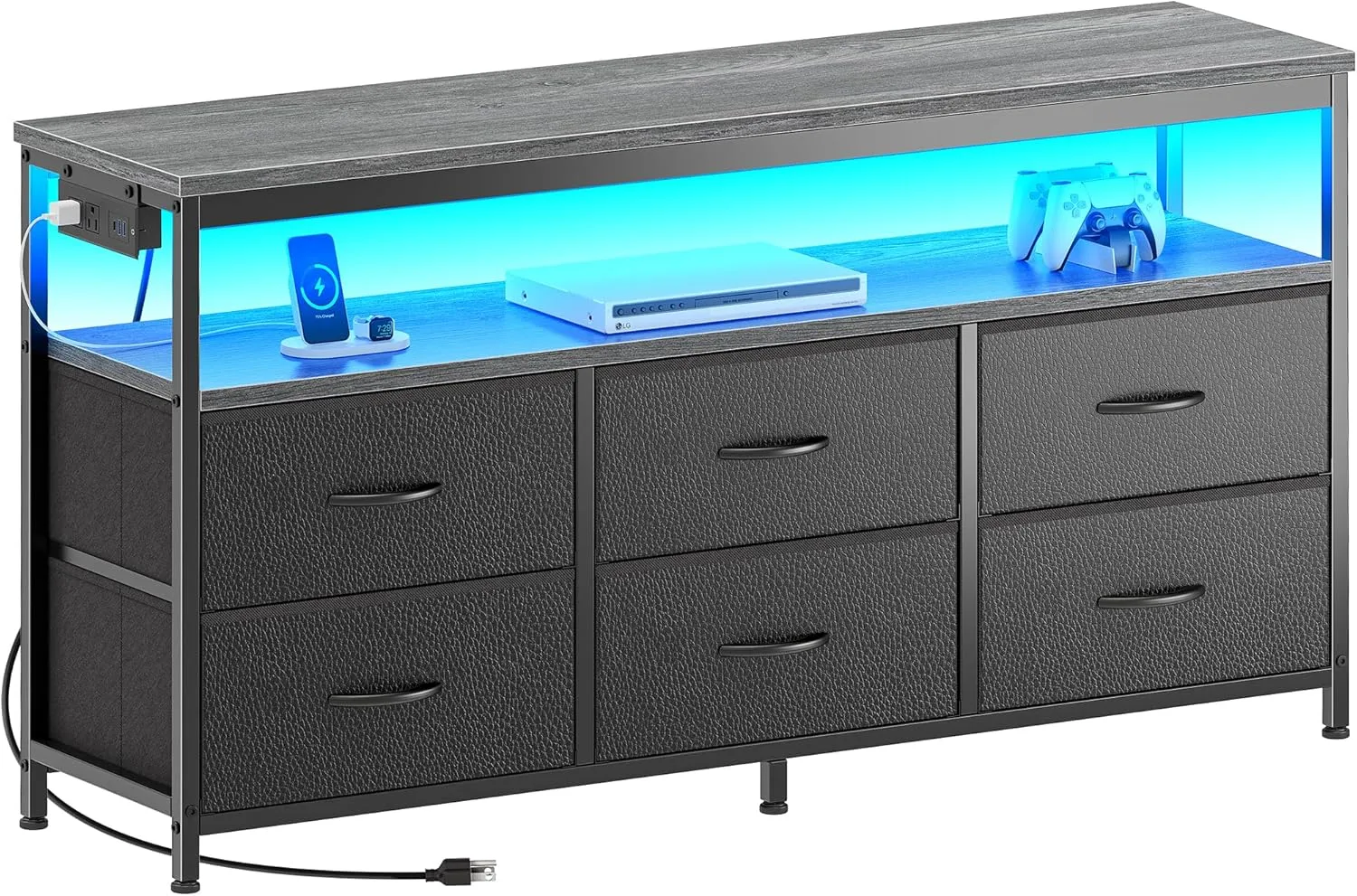 Huuger LED TV Stand for Bedroom, 47 Inch Fabric Dresser with Power Outlets, Entertainment Center for 55, 50, 43 Inch TV, 6 Drawer Dresser for Bedroom, Chest of Drawers with Shelf, PU Leather, Grey