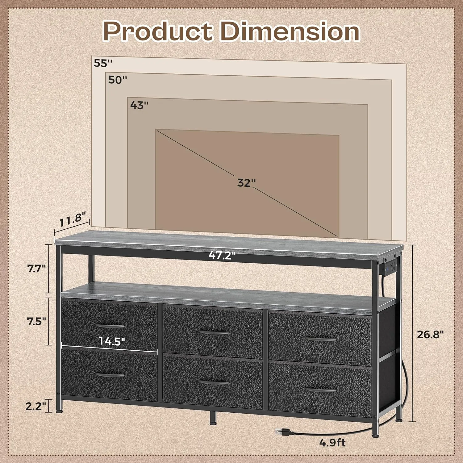Huuger LED TV Stand for Bedroom, 47 Inch Fabric Dresser with Power Outlets, Entertainment Center for 55, 50, 43 Inch TV, 6 Drawer Dresser for Bedroom, Chest of Drawers with Shelf, PU Leather, Grey