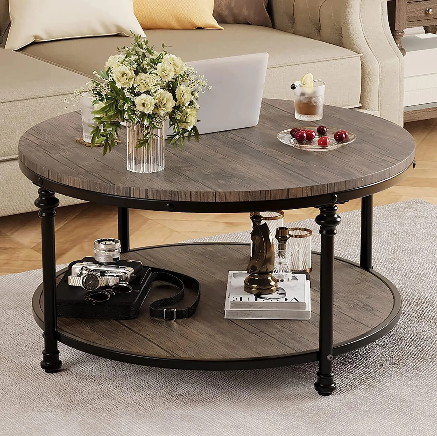 IDEALHOUSE Round Coffee Table for Living Room Rustic Center Table with Storage Shelf Wood Circle Coffee Table with Sturdy Metal Legs, Easy Assembly
