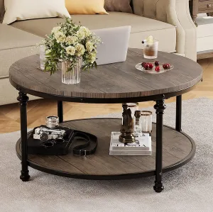IDEALHOUSE Round Coffee Table for Living Room Rustic Center Table with Storage Shelf Wood Circle Coffee Table with Sturdy Metal Legs, Easy Assembly
