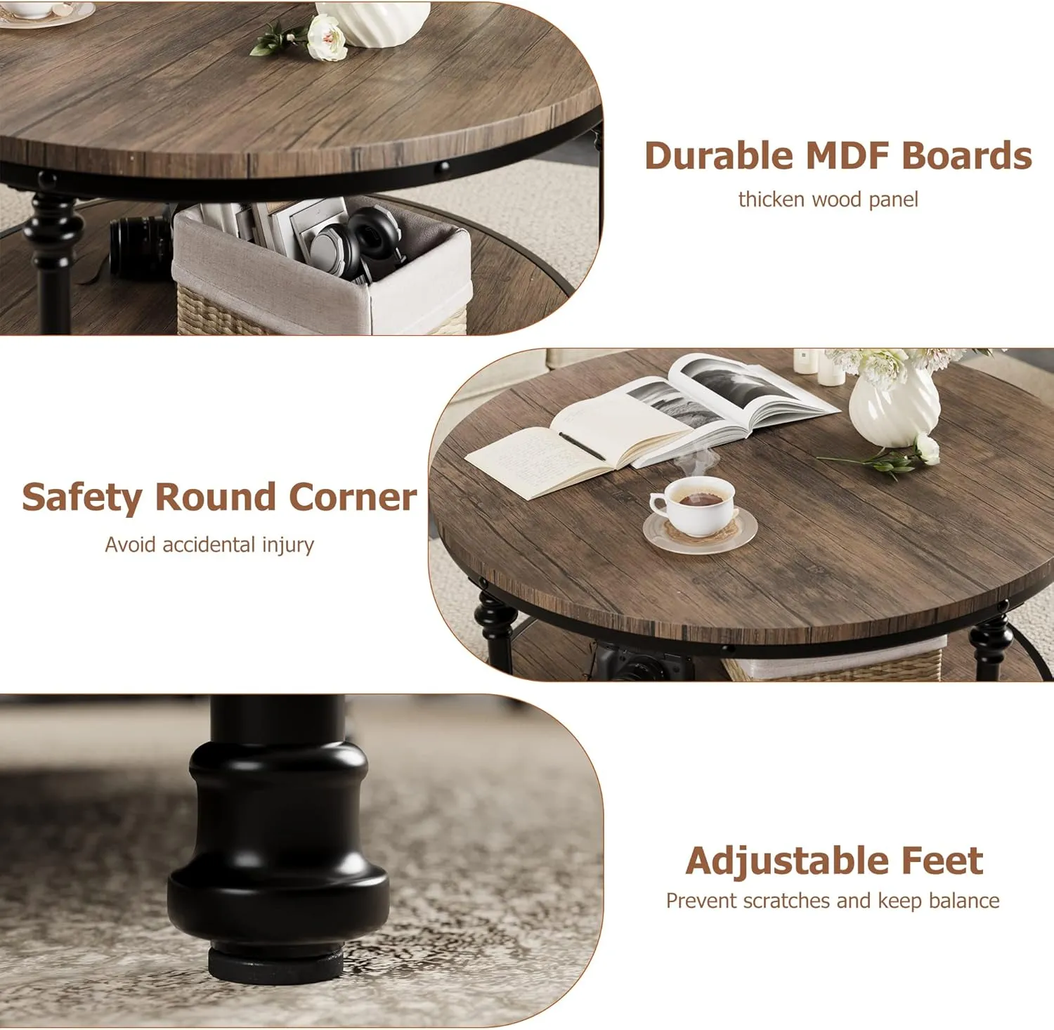IDEALHOUSE Round Coffee Table for Living Room Rustic Center Table with Storage Shelf Wood Circle Coffee Table with Sturdy Metal Legs, Easy Assembly