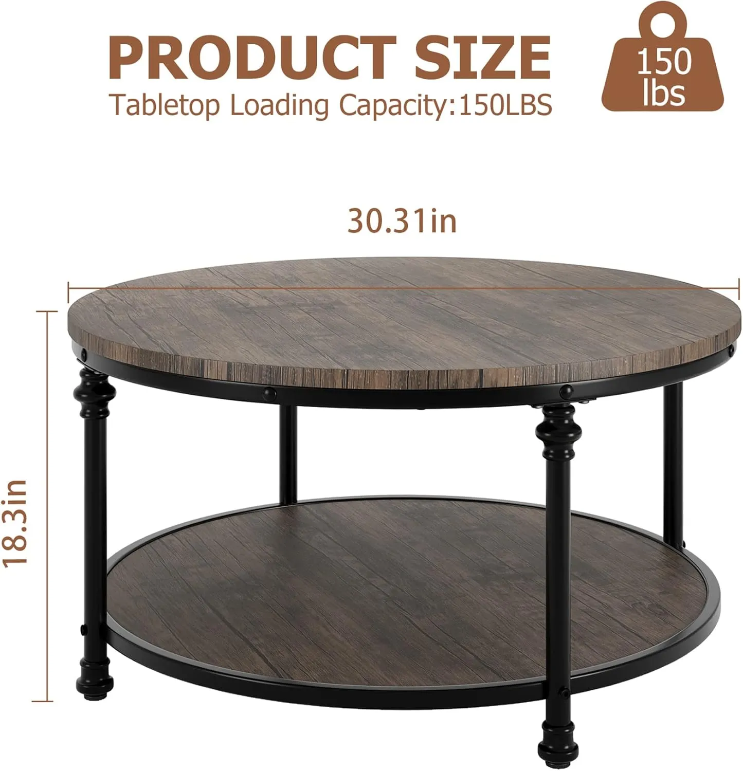 IDEALHOUSE Round Coffee Table for Living Room Rustic Center Table with Storage Shelf Wood Circle Coffee Table with Sturdy Metal Legs, Easy Assembly