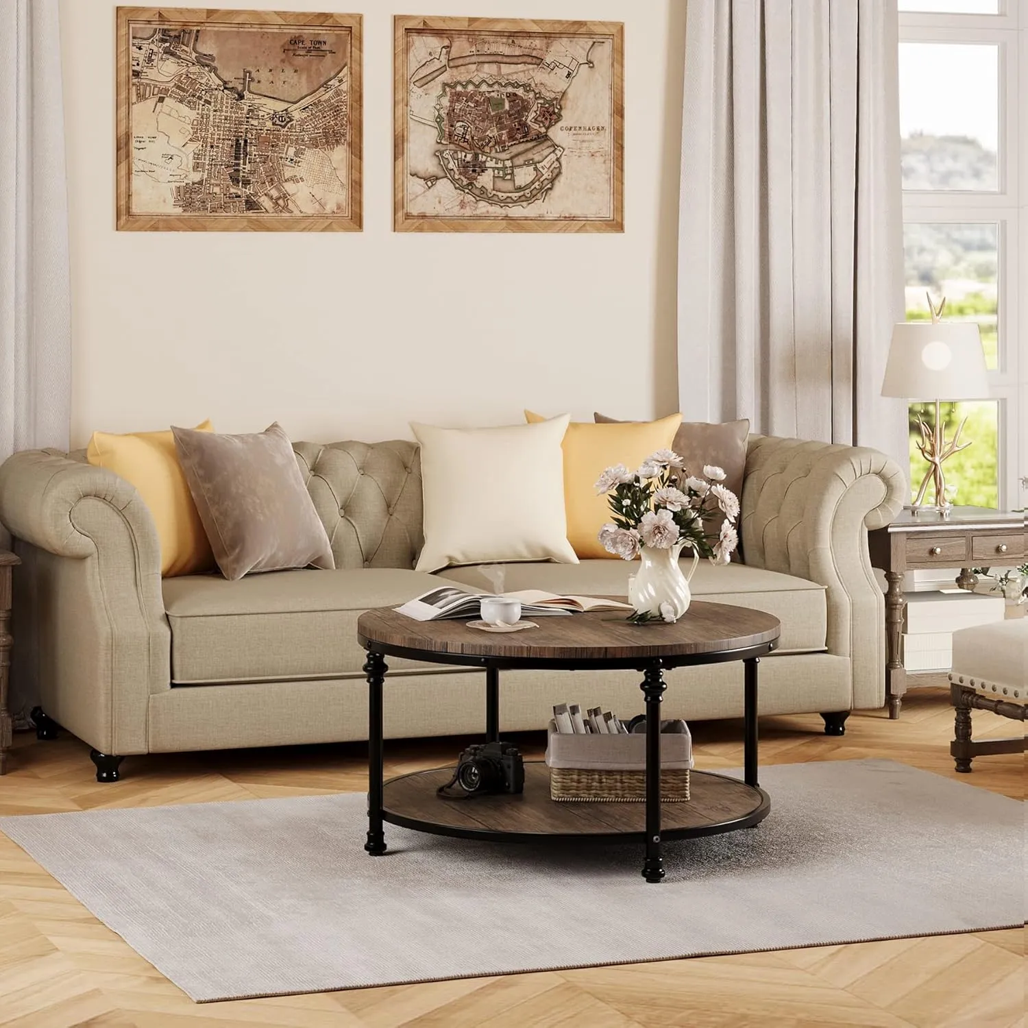 IDEALHOUSE Round Coffee Table for Living Room Rustic Center Table with Storage Shelf Wood Circle Coffee Table with Sturdy Metal Legs, Easy Assembly
