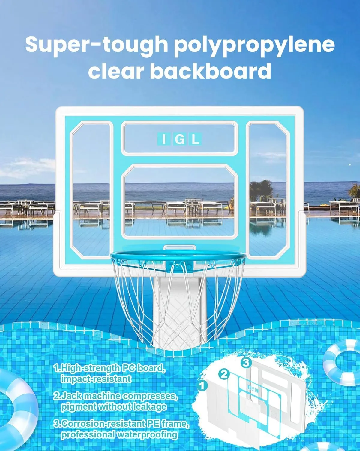 IGL Pool Basketball Hoop Outdoor, Outdoor Poolside Basketball Hoop, Base & Stand Double Water Storage with 2 Ball & Inflator, Stainless Steel Basketball Rim, Fixed Height