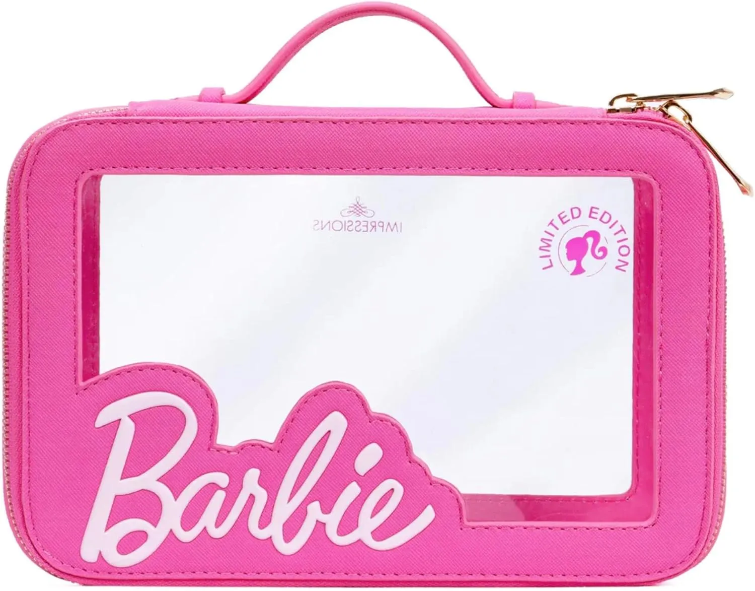 Impressions Vanity Barbie Travel Makeup Case for Girls, Waterproof Vinyl Clear Cosmetic Bag Organizer with Double Golden Zipper, Soft Top Handle, and Faux Leather