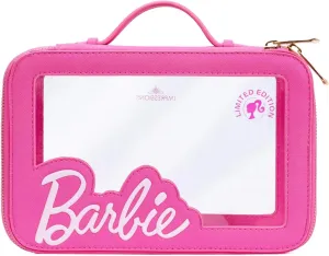 Impressions Vanity Barbie Travel Makeup Case for Girls, Waterproof Vinyl Clear Cosmetic Bag Organizer with Double Golden Zipper, Soft Top Handle, and Faux Leather