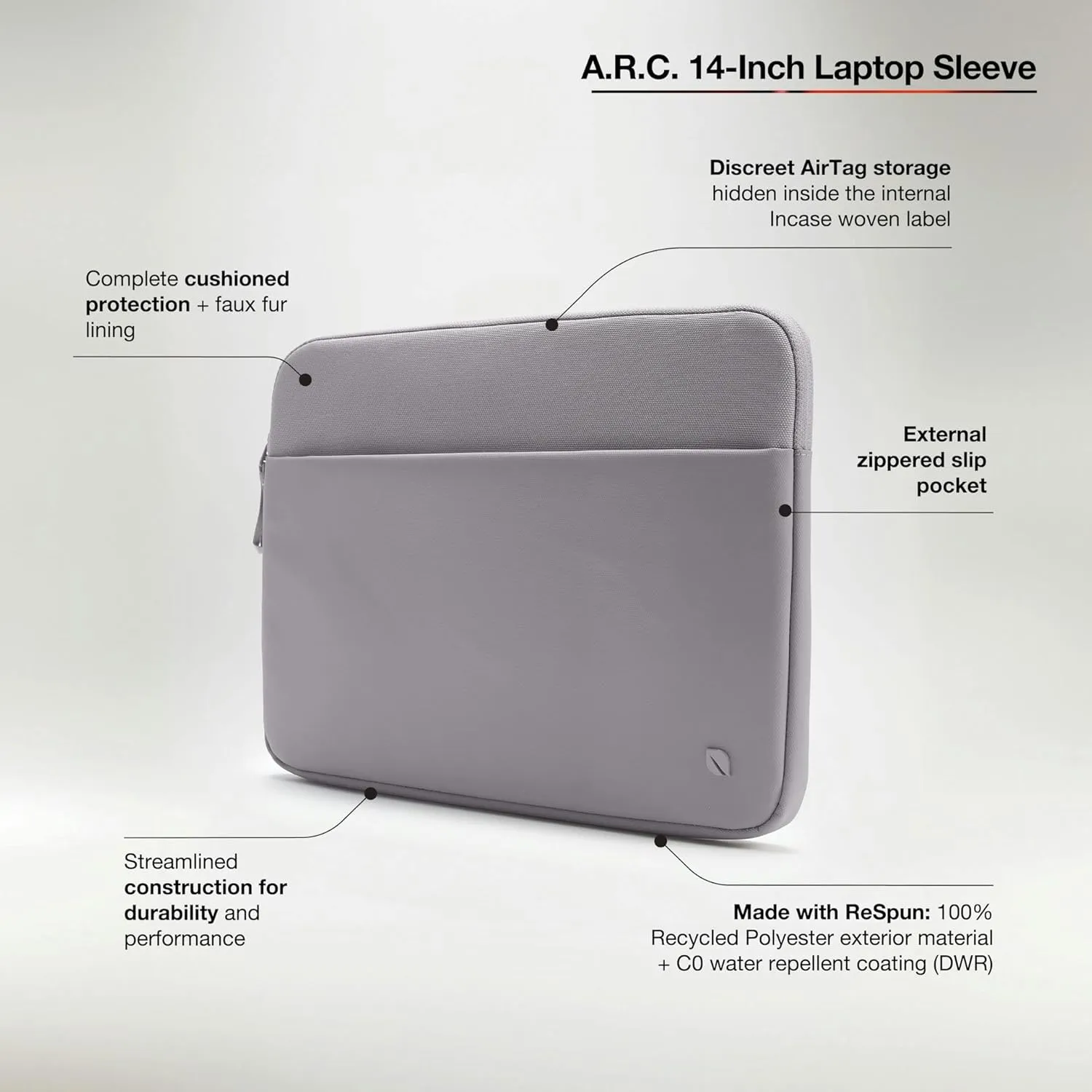 Incase A.R.C. Sleeve with ReSpun 100% Recycled Polyester - 13" & 14" MacBook/Laptop & iPad/Tablet Case - Cushioned Faux Fur Lining, External Zippered Slip Pocket - Grey