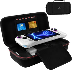 ivoler Carrying Case for Asus Rog Alloy 7''2023/Asus Rog Ally X 2024, Portable Hard Shell Pouch Travel Bag Built-in Gaming Charger Dock Storage, Holds 7 MicroSD and 2 Credit Sized Cards -Black