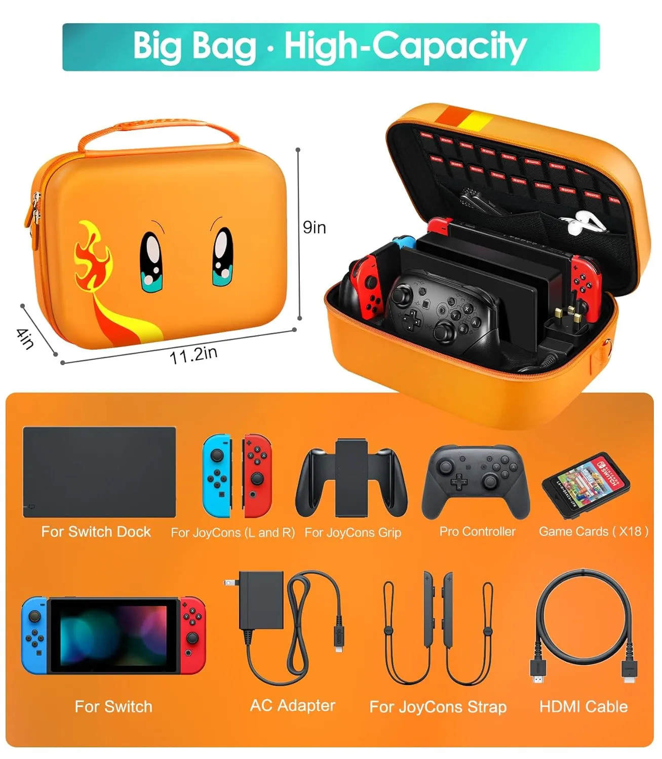 ivoler Carrying Storage Case for Nintendo Switch/Switch OLED Model,Portable Travel All Protective Hard Messenger Bag Soft Lining 18 Games for Switch Console Pro Controller & Accessories (Orange)
