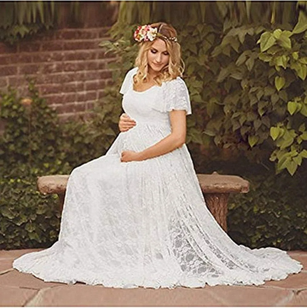 IWEMEK Women Ruched Floral Lace Maternity Photography Prop Maxi Dress Fancy Wedding Pregnancy Gown for Baby Shower Photoshoot