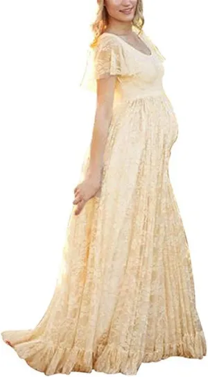IWEMEK Women Ruched Floral Lace Maternity Photography Prop Maxi Dress Fancy Wedding Pregnancy Gown for Baby Shower Photoshoot