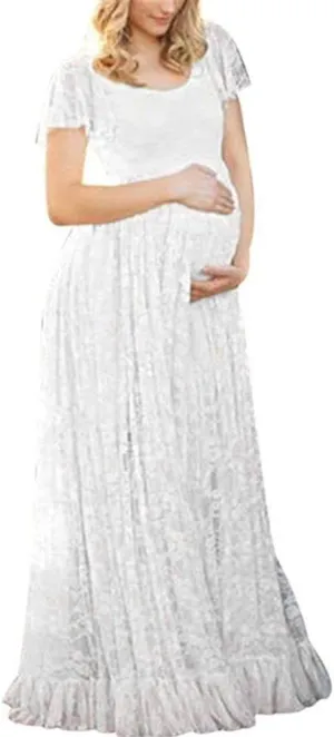IWEMEK Women Ruched Floral Lace Maternity Photography Prop Maxi Dress Fancy Wedding Pregnancy Gown for Baby Shower Photoshoot